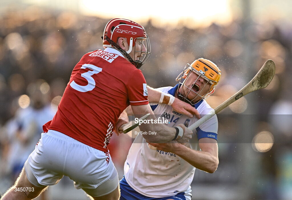 9 May 2026; Sean Walsh of Waterford is tackled by Damien Cahalane of Cork during the Munster GAA Senior Hurling Championship Round 3 match between Waterford and Cork at Azzurri Walsh Park in Waterford. Photo by Seb Daly/Sportsfile