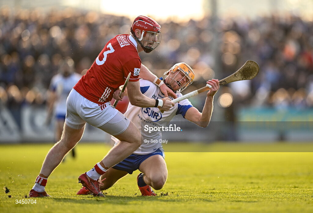 9 May 2026; Sean Walsh of Waterford is tackled by Damien Cahalane of Cork during the Munster GAA Senior Hurling Championship Round 3 match between Waterford and Cork at Azzurri Walsh Park in Waterford. Photo by Seb Daly/Sportsfile