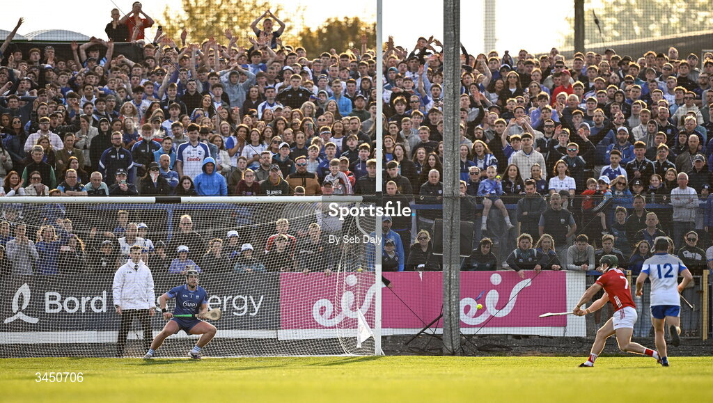 9 May 2026; Mark Coleman of Cork scores his side's first goal, from a penalty, past Waterford goalkeeper Billy Nolan, during the Munster GAA Senior Hurling Championship Round 3 match between Waterford and Cork at Azzurri Walsh Park in Waterford. Photo by Seb Daly/Sportsfile
