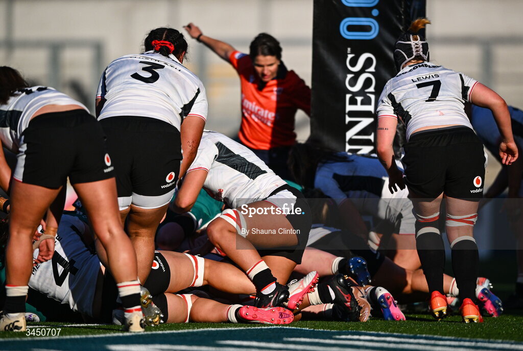 9 May 2026; Brittany Hogan of Ireland, hidden, scores her side's third try during the Women's 6 Nations Rugby Championship match between Ireland and Wales at Affidea Stadium in Belfast. Photo by Shauna Clinton/Sportsfile