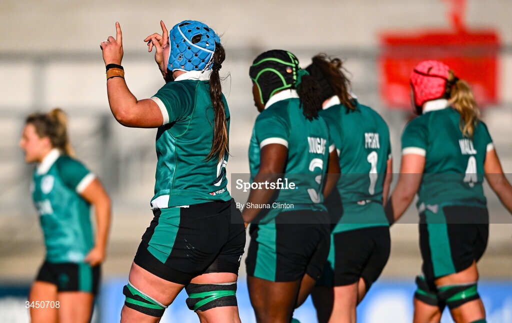 9 May 2026; Brittany Hogan of Ireland, left, celebrates after scoring her side's third try during the Women's 6 Nations Rugby Championship match between Ireland and Wales at Affidea Stadium in Belfast. Photo by Shauna Clinton/Sportsfile