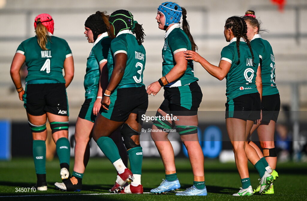 9 May 2026; Brittany Hogan of Ireland, centre, is congratuated by team-mates after scoring her side's third try during the Women's 6 Nations Rugby Championship match between Ireland and Wales at Affidea Stadium in Belfast. Photo by Shauna Clinton/Sportsfile