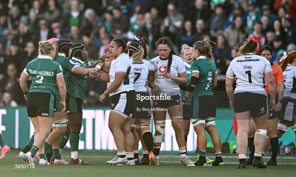 9 May 2026; Players of both side's tussle during the Women's 6 Nations Rugby Championship match between Ireland and Wales at Affidea Stadium in Belfast. Photo by Ben McShane/Sportsfile