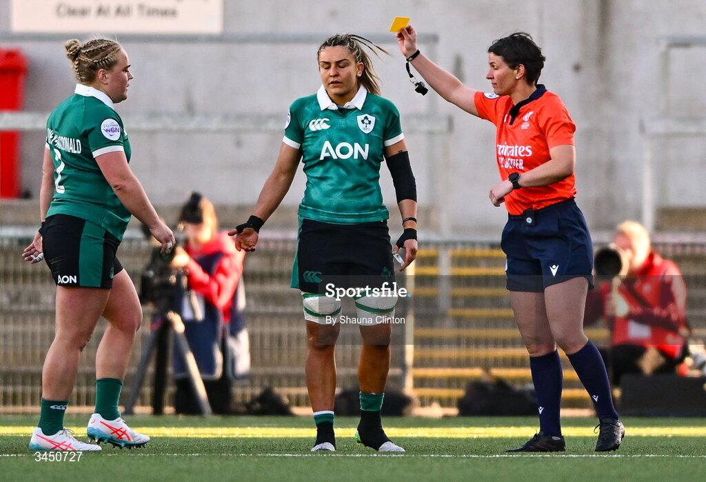 9 May 2026; Referee Aurelie Groizeleau shows Cliodhna Moloney MacDonald of Ireland a yellow card during the Women's 6 Nations Rugby Championship match between Ireland and Wales at Affidea Stadium in Belfast. Photo by Shauna Clinton/Sportsfile