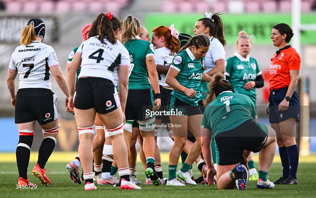 9 May 2026; Cliodhna Moloney MacDonald of Ireland and Georgia Evans of Wales tussle during the Women's 6 Nations Rugby Championship match between Ireland and Wales at Affidea Stadium in Belfast. Photo by Shauna Clinton/Sportsfile