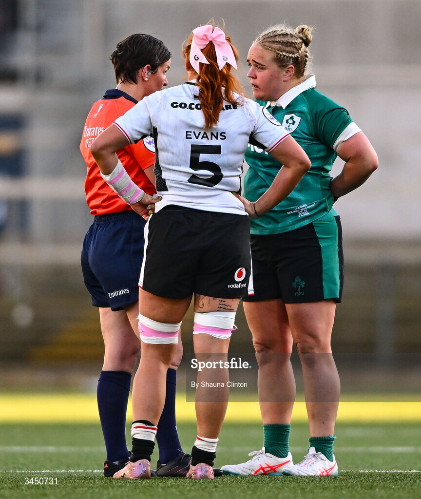 9 May 2026; Referee Aurelie Groizeleau speaks with Cliodhna Moloney MacDonald of Ireland and Georgia Evans of Wales during the Women's 6 Nations Rugby Championship match between Ireland and Wales at Affidea Stadium in Belfast. Photo by Shauna Clinton/Sportsfile