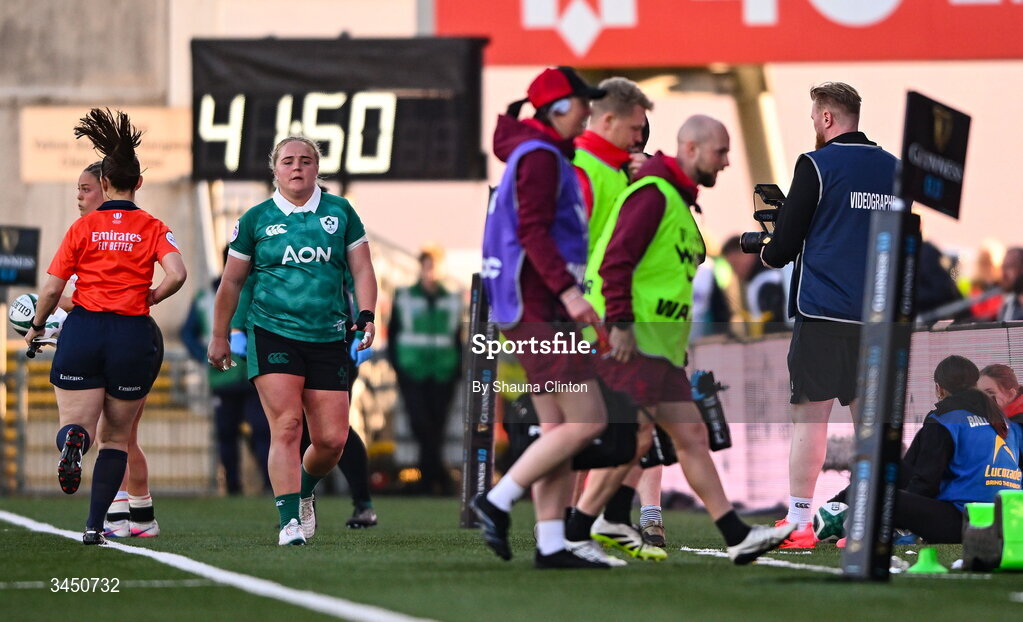 9 May 2026; Cliodhna Moloney MacDonald of Ireland leaves the pitch after being shown a yellow card during the Women's 6 Nations Rugby Championship match between Ireland and Wales at Affidea Stadium in Belfast. Photo by Shauna Clinton/Sportsfile