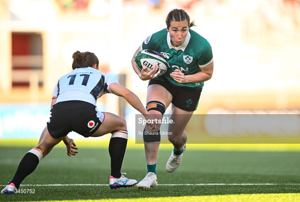 9 May 2026; Eve Higgins of Ireland in action against Jasmine Joyce of Wales during the Women's 6 Nations Rugby Championship match between Ireland and Wales at Affidea Stadium in Belfast. Photo by Shauna Clinton/Sportsfile