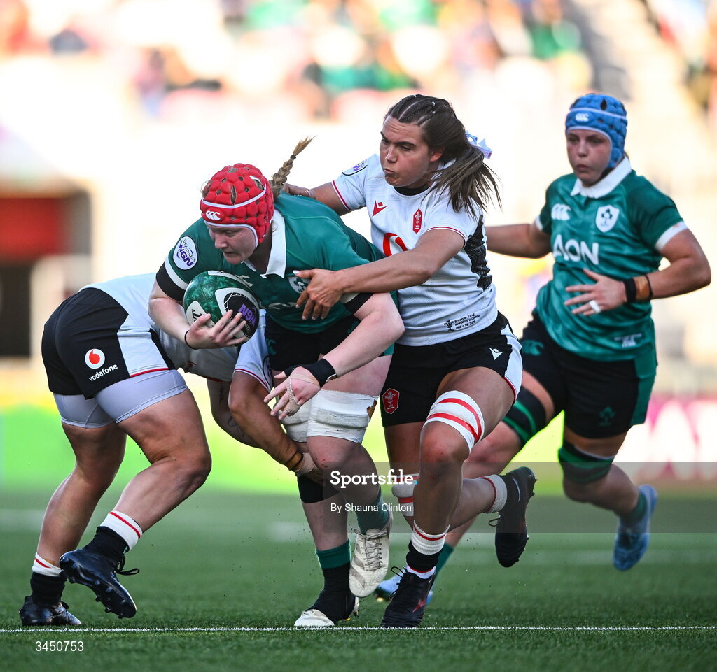 9 May 2026; Aoife Wafer of Ireland is tackled by Lleucu George of Wales during the Women's 6 Nations Rugby Championship match between Ireland and Wales at Affidea Stadium in Belfast. Photo by Shauna Clinton/Sportsfile