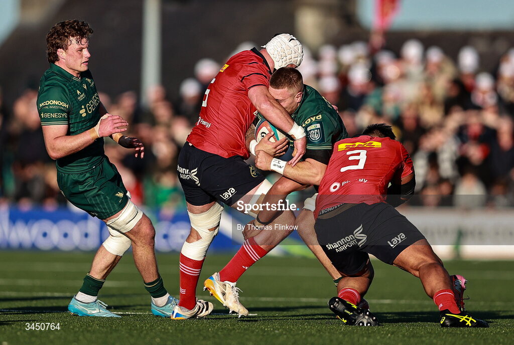 9 May 2026; Sean Jansen of Connacht in action against Fineen Wycherley, left, and Michael Ala'alatoa of Munster during the United Rugby Championship match between Connacht and Munster at Dexcom Stadium in Galway. Photo by Thomas Flinkow/Sportsfile