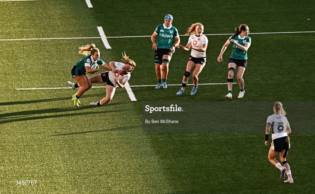 9 May 2026; Aoife Dalton of Ireland is tackled by Kayleigh Powell of Wales during the Women's 6 Nations Rugby Championship match between Ireland and Wales at Affidea Stadium in Belfast. Photo by Ben McShane/Sportsfile
