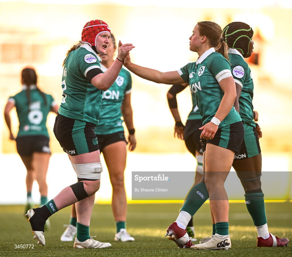 9 May 2026; Aoife Wafer of Ireland, left, is congratulated by team-mate Robyn O'Connor after scoring her side's fourth try during the Women's 6 Nations Rugby Championship match between Ireland and Wales at Affidea Stadium in Belfast. Photo by Shauna Clinton/Sportsfile