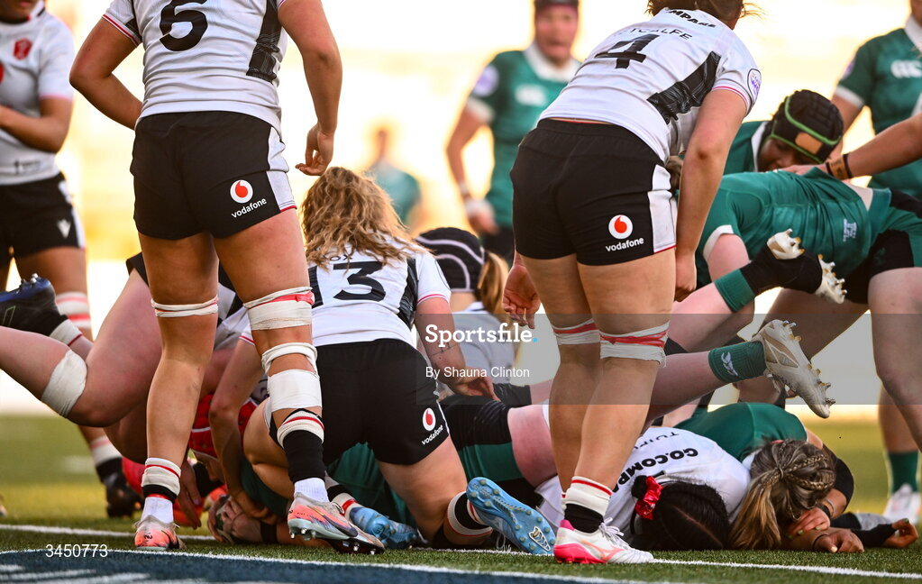 9 May 2026; Aoife Wafer of Ireland, obscured scores her side's fourth try during the Women's 6 Nations Rugby Championship match between Ireland and Wales at Affidea Stadium in Belfast. Photo by Shauna Clinton/Sportsfile