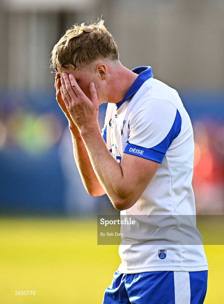 9 May 2026; Calum Lyons of Waterford reacts at the final whistle after his side's defeat in the Munster GAA Senior Hurling Championship Round 3 match between Waterford and Cork at Azzurri Walsh Park in Waterford. Photo by Seb Daly/Sportsfile