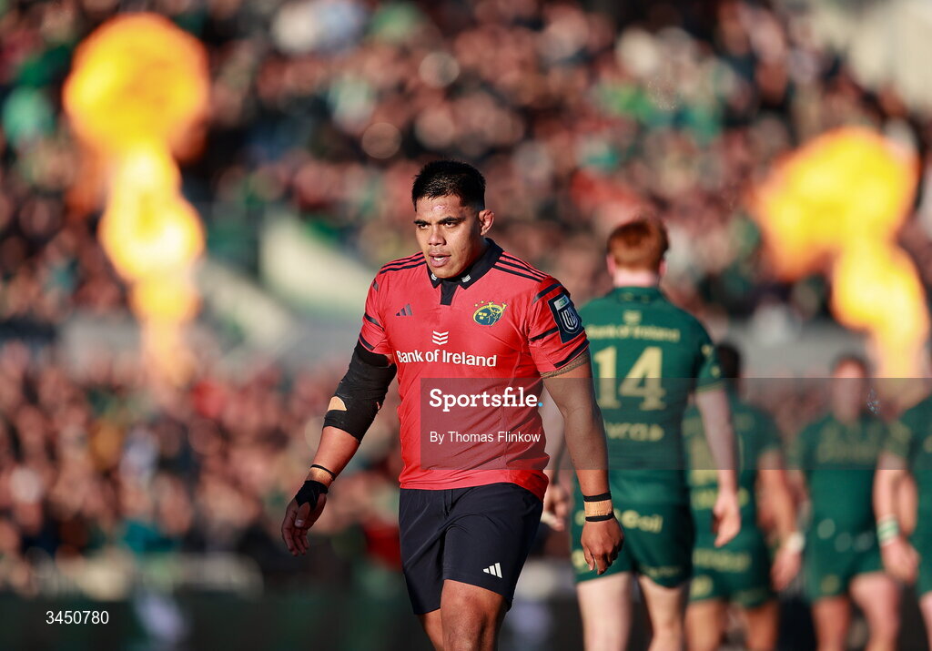 9 May 2026; Michael Ala'alatoa of Munster reacts to  Ben Murphy of Connacht scoring his side's first try during the United Rugby Championship match between Connacht and Munster at Dexcom Stadium in Galway. Photo by Thomas Flinkow/Sportsfile