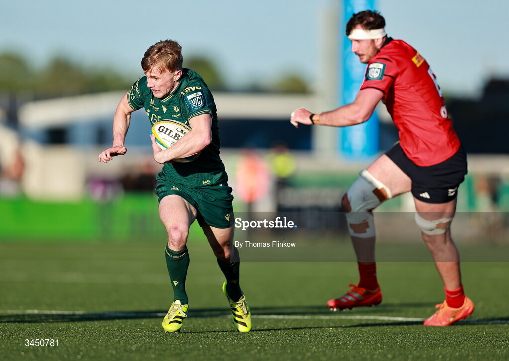 9 May 2026; Ben Murphy of Connacht on his way to scoring his side's first goal during the United Rugby Championship match between Connacht and Munster at Dexcom Stadium in Galway. Photo by Thomas Flinkow/Sportsfile