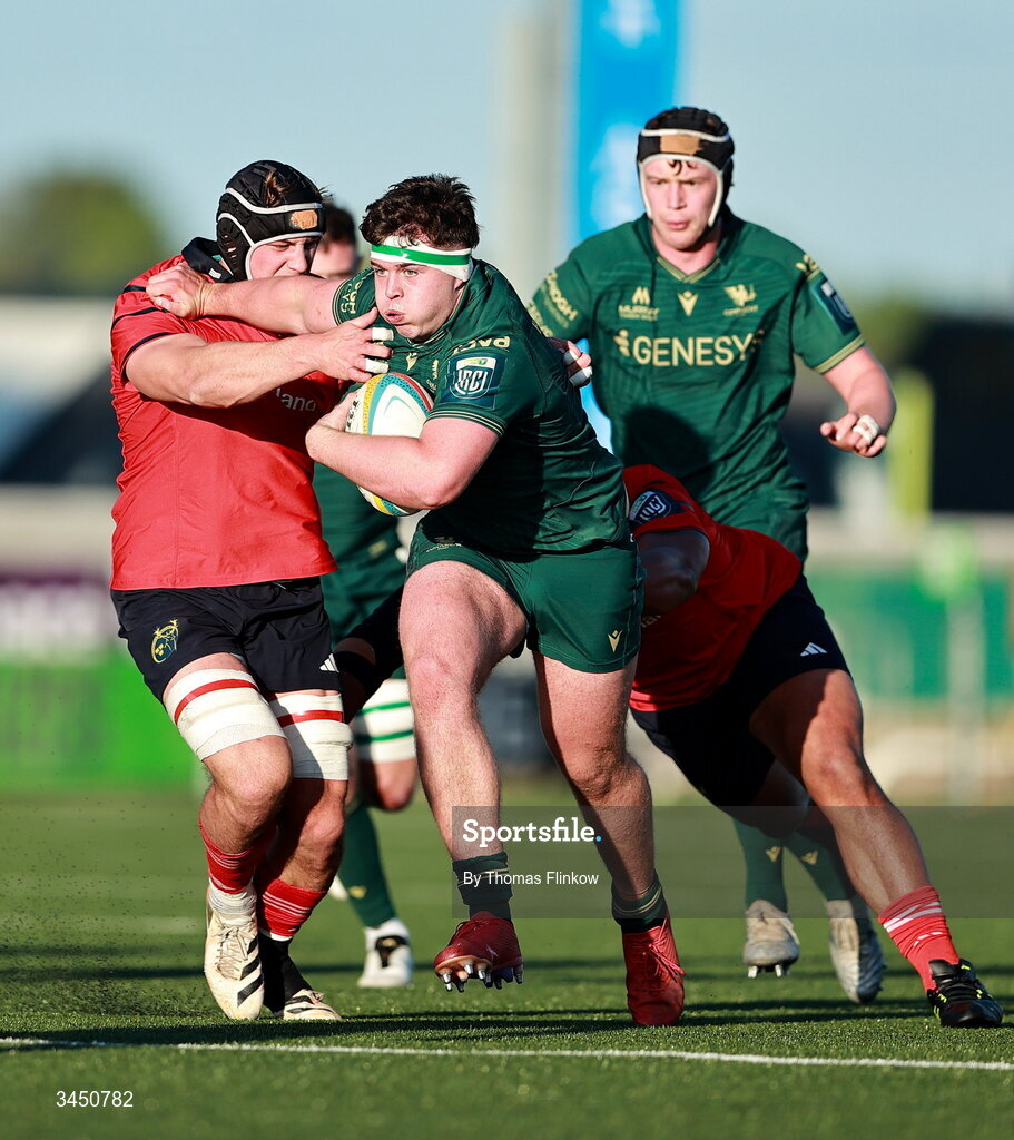 9 May 2026; Billy Bohan of Connacht in action against Diarmuid Barron of Munster during the United Rugby Championship match between Connacht and Munster at Dexcom Stadium in Galway. Photo by Thomas Flinkow/Sportsfile