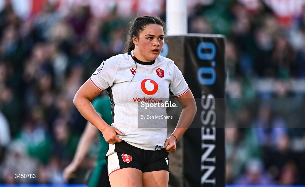 9 May 2026; Jorja Aiono of Wales reacts after conceding a fourth try during the Women's 6 Nations Rugby Championship match between Ireland and Wales at Affidea Stadium in Belfast. Photo by Ben McShane/Sportsfile