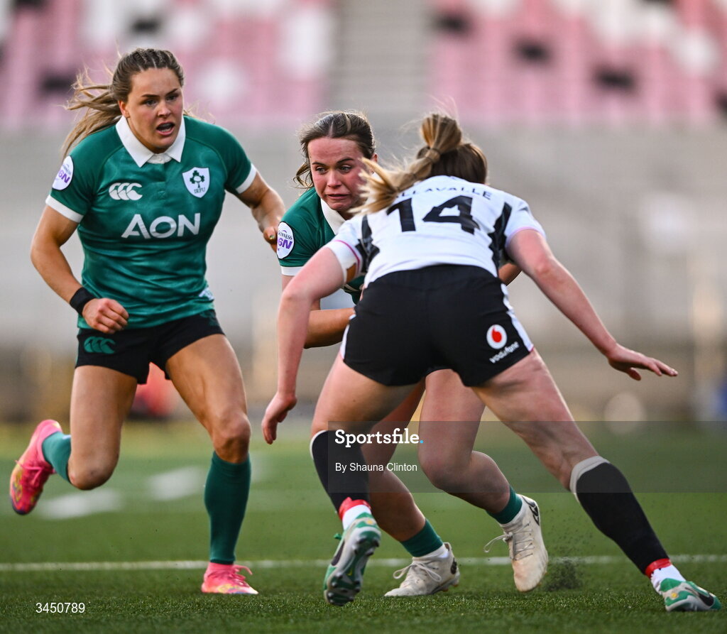 9 May 2026; Robyn O'Connor of Ireland in action against Hannah Dallavalle of Wales during the Women's 6 Nations Rugby Championship match between Ireland and Wales at Affidea Stadium in Belfast. Photo by Shauna Clinton/Sportsfile