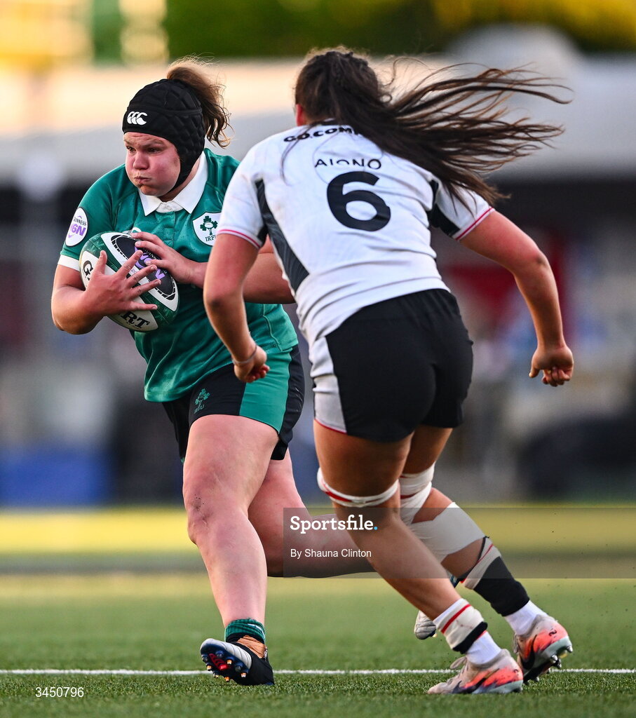 9 May 2026; Ellena Perry of Ireland in action against Jorja Aiono of Wales during the Women's 6 Nations Rugby Championship match between Ireland and Wales at Affidea Stadium in Belfast. Photo by Shauna Clinton/Sportsfile