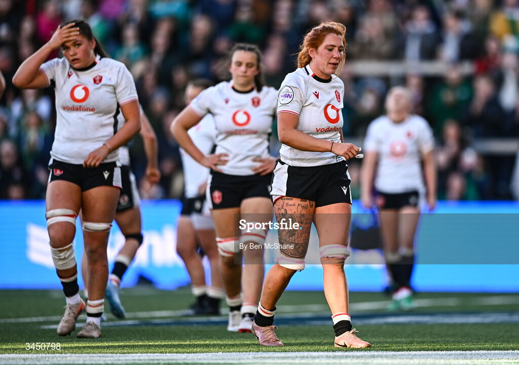 9 May 2026; Georgia Evans of Wales reacts after her side conceded a fourth try during the Women's 6 Nations Rugby Championship match between Ireland and Wales at Affidea Stadium in Belfast. Photo by Ben McShane/Sportsfile