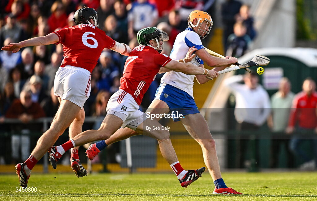 9 May 2026; Sean Walsh of Waterford is tackled by Mark Coleman of Cork during the Munster GAA Senior Hurling Championship Round 3 match between Waterford and Cork at Azzurri Walsh Park in Waterford. Photo by Seb Daly/Sportsfile