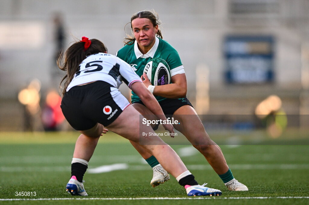 9 May 2026; Robyn O'Connor of Ireland in action against Kayleigh Powell of Wales during the Women's 6 Nations Rugby Championship match between Ireland and Wales at Affidea Stadium in Belfast. Photo by Shauna Clinton/Sportsfile