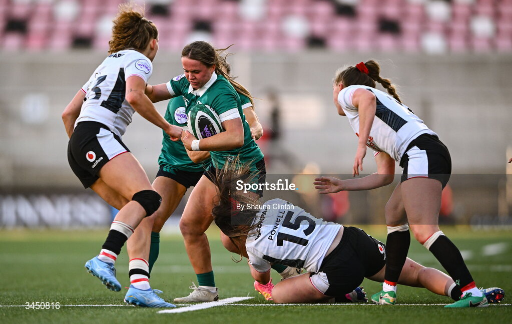9 May 2026; Robyn O'Connor of Ireland is tackled by Kayleigh Powell of Wales during the Women's 6 Nations Rugby Championship match between Ireland and Wales at Affidea Stadium in Belfast. Photo by Shauna Clinton/Sportsfile
