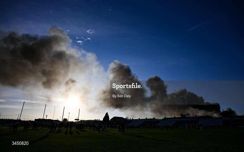 9 May 2026; Smoke rises into the sky from a nearby fire after the Munster GAA Senior Hurling Championship Round 3 match between Waterford and Cork at Azzurri Walsh Park in Waterford. Photo by Seb Daly/Sportsfile