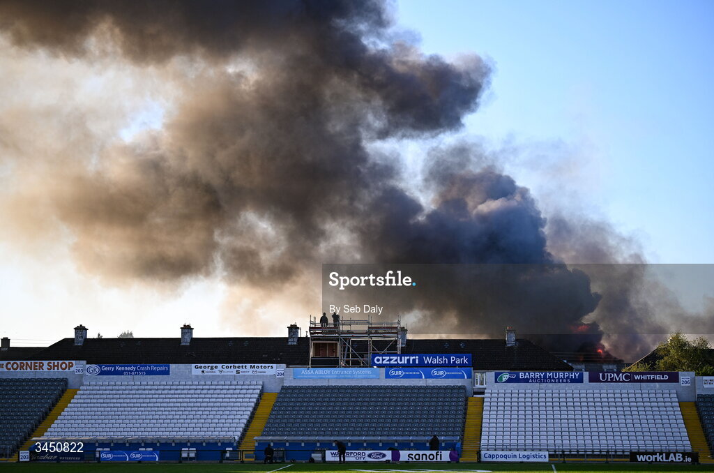 9 May 2026; Smoke rises over the stadium from a nearby fire after the Munster GAA Senior Hurling Championship Round 3 match between Waterford and Cork at Azzurri Walsh Park in Waterford. Photo by Seb Daly/Sportsfile