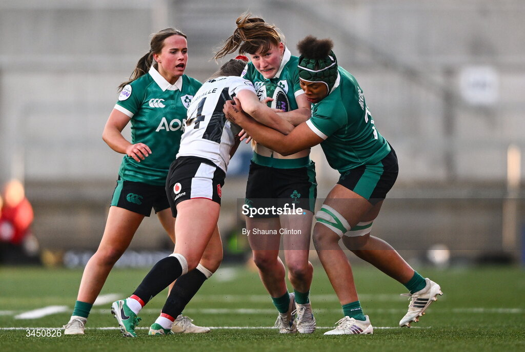 9 May 2026; Niamh Gallagher of Ireland in action against Hannah Dallavalle of Wales during the Women's 6 Nations Rugby Championship match between Ireland and Wales at Affidea Stadium in Belfast. Photo by Shauna Clinton/Sportsfile