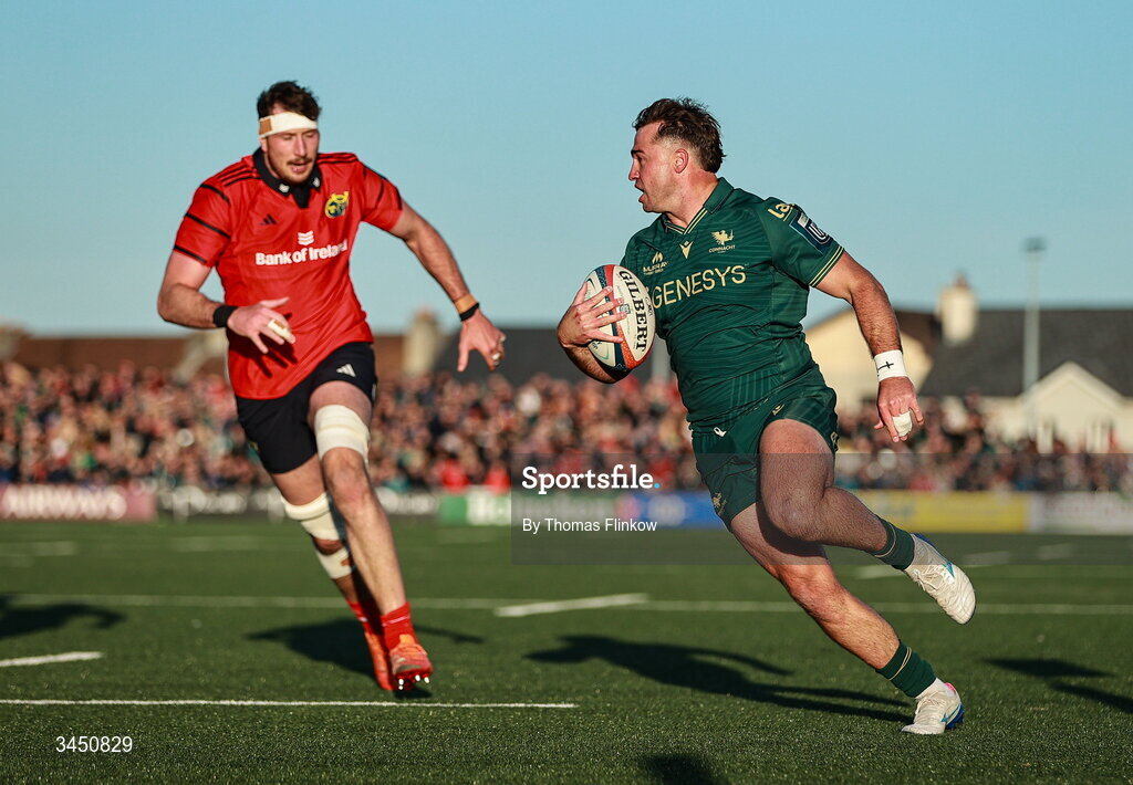 9 May 2026; Shayne Bolton of Connacht on his way to scoring his side's second try during the United Rugby Championship match between Connacht and Munster at Dexcom Stadium in Galway. Photo by Thomas Flinkow/Sportsfile