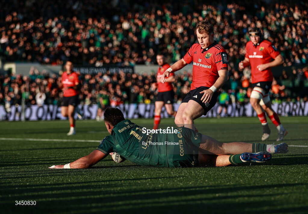 9 May 2026; Shayne Bolton of Connacht scores his side's second try during the United Rugby Championship match between Connacht and Munster at Dexcom Stadium in Galway. Photo by Thomas Flinkow/Sportsfile