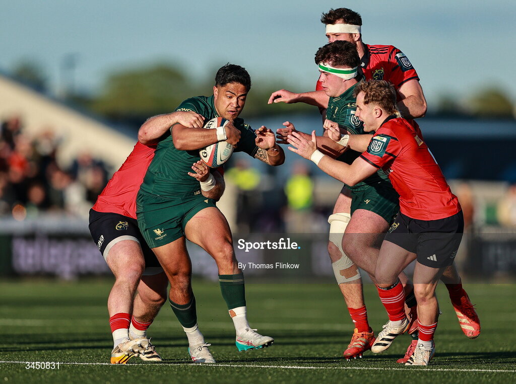 9 May 2026; Josh Ioane of Connacht in action against Jeremy Loughman of Munster during the United Rugby Championship match between Connacht and Munster at Dexcom Stadium in Galway. Photo by Thomas Flinkow/Sportsfile