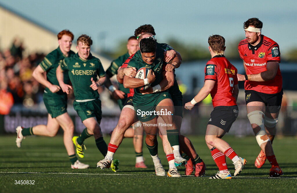 9 May 2026; Josh Ioane of Connacht in action against Jeremy Loughman of Munster during the United Rugby Championship match between Connacht and Munster at Dexcom Stadium in Galway. Photo by Thomas Flinkow/Sportsfile
