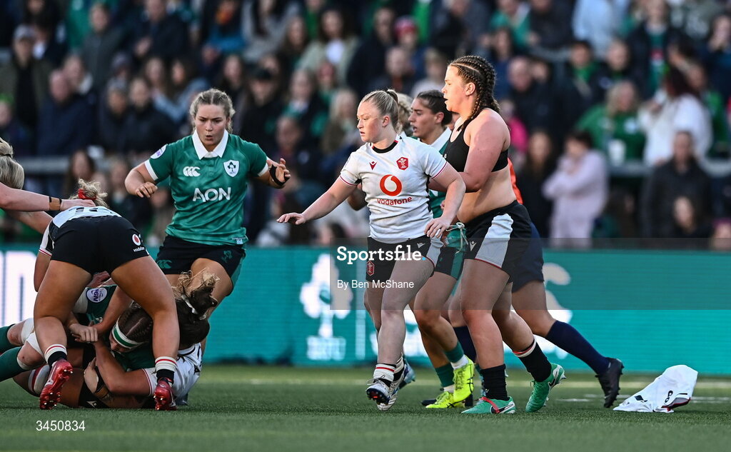 9 May 2026; Maisie Davies of Wales discards of her shirt as she had it removed in a previous phase of play during the Women's 6 Nations Rugby Championship match between Ireland and Wales at Affidea Stadium in Belfast. Photo by Ben McShane/Sportsfile