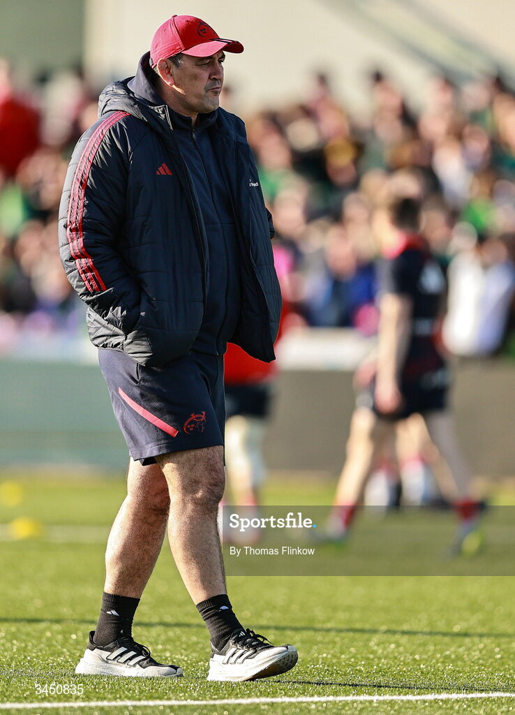 9 May 2026; Munster head coach Clayton McMillan before the United Rugby Championship match between Connacht and Munster at Dexcom Stadium in Galway. Photo by Thomas Flinkow/Sportsfile
