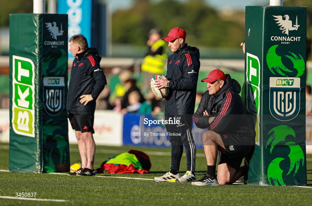 9 May 2026; Munster head coach Clayton McMillan before the United Rugby Championship match between Connacht and Munster at Dexcom Stadium in Galway. Photo by Thomas Flinkow/Sportsfile