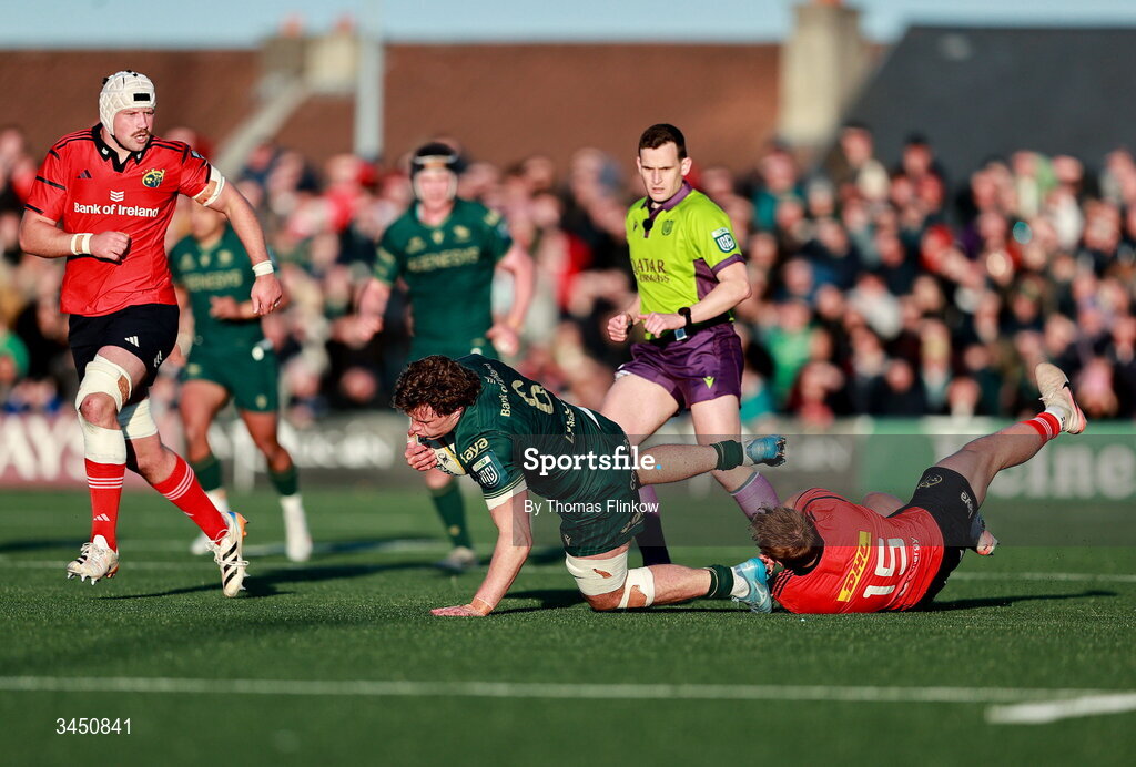9 May 2026; Cian Prendergast of Connacht in action against Mike Haley of Munster during the United Rugby Championship match between Connacht and Munster at Dexcom Stadium in Galway. Photo by Thomas Flinkow/Sportsfile