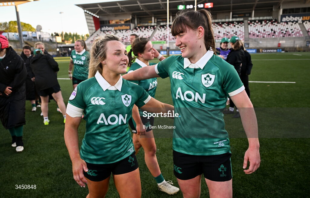 9 May 2026; Aoife Dalton, left, and Niamh Gallagher of Ireland celebrate after the Women's 6 Nations Rugby Championship match between Ireland and Wales at Affidea Stadium in Belfast. Photo by Ben McShane/Sportsfile
