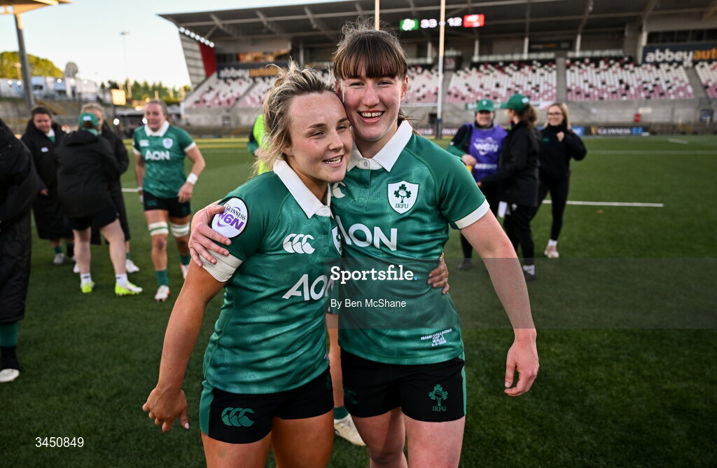 9 May 2026; Aoife Dalton, left, and Niamh Gallagher of Ireland celebrate after the Women's 6 Nations Rugby Championship match between Ireland and Wales at Affidea Stadium in Belfast. Photo by Ben McShane/Sportsfile
