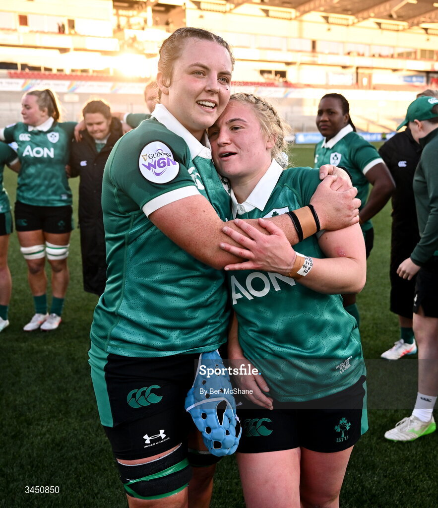 9 May 2026; Brittany Hogan, left, and Neve Jones of Ireland celebrate after during the Women's 6 Nations Rugby Championship match between Ireland and Wales at Affidea Stadium in Belfast. Photo by Ben McShane/Sportsfile