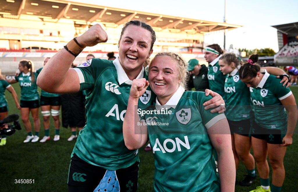 9 May 2026; Brittany Hogan, left, and Neve Jones of Ireland celebrate after during the Women's 6 Nations Rugby Championship match between Ireland and Wales at Affidea Stadium in Belfast. Photo by Ben McShane/Sportsfile