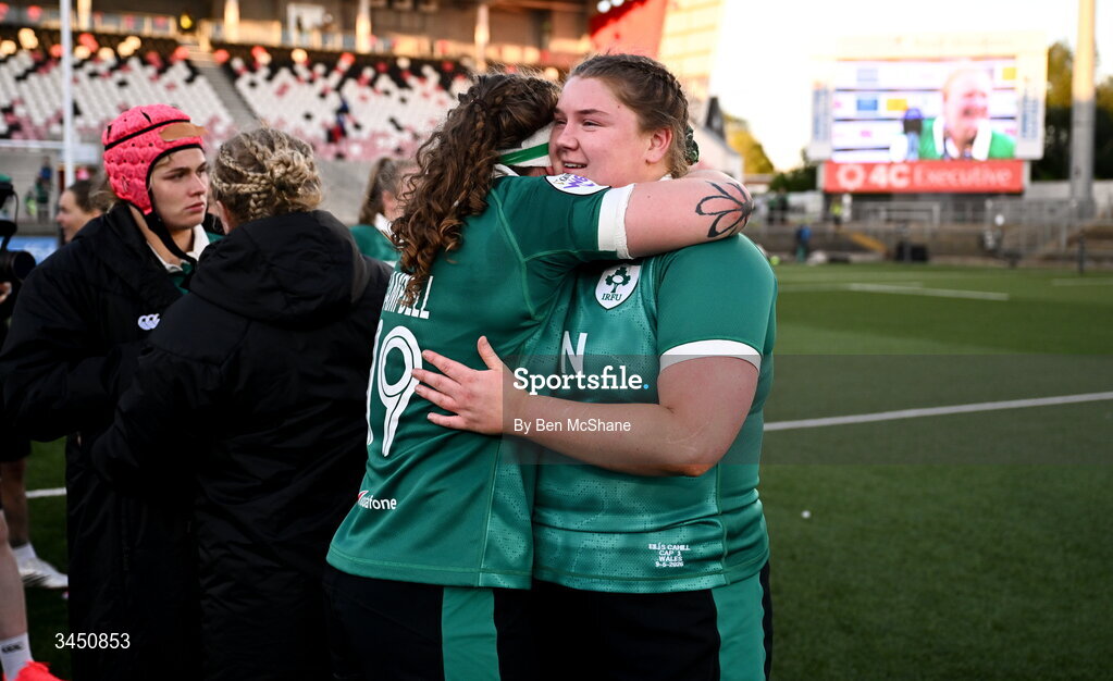 9 May 2026; Eilís Cahill, right, and Ruth Campbell of Ireland celebrate after the Women's 6 Nations Rugby Championship match between Ireland and Wales at Affidea Stadium in Belfast. Photo by Ben McShane/Sportsfile