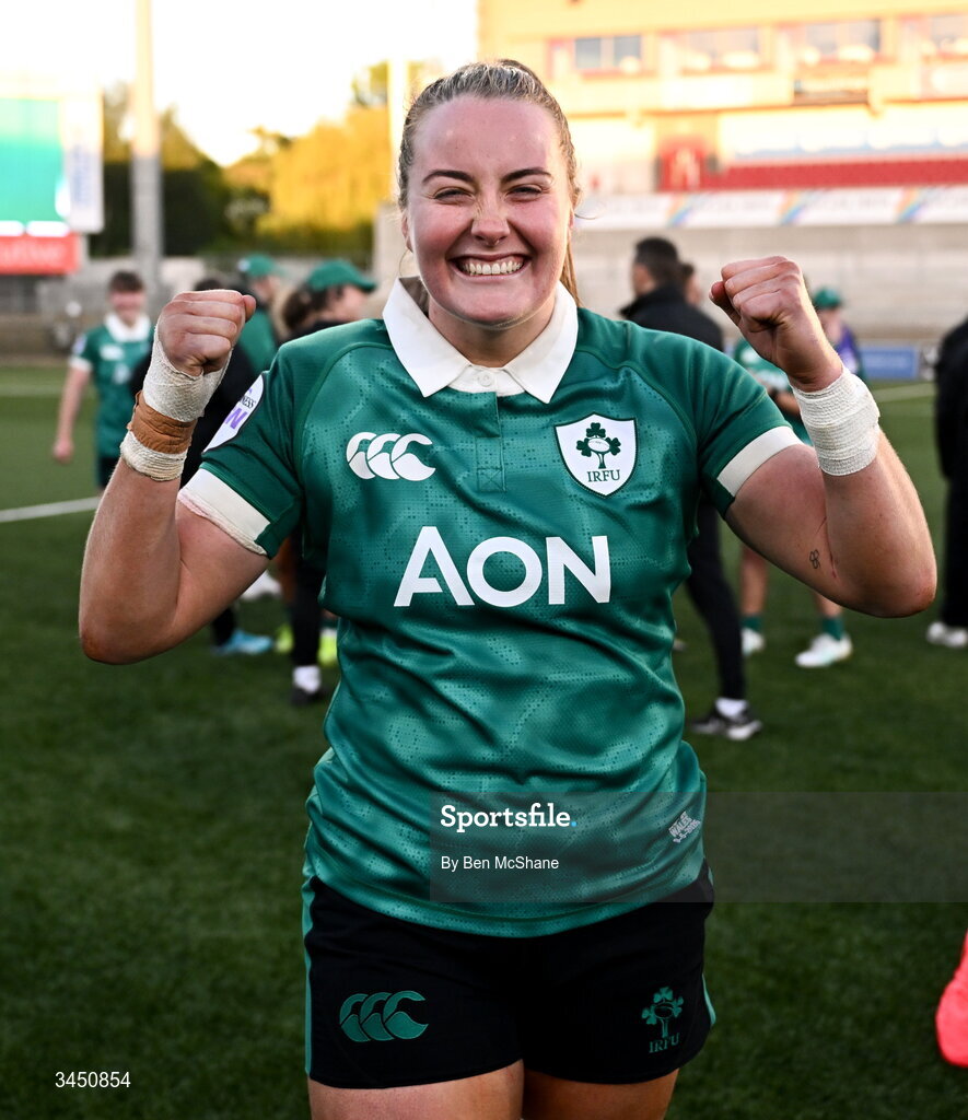 9 May 2026; Fiona Tuite of Ireland celebrates after the Women's 6 Nations Rugby Championship match between Ireland and Wales at Affidea Stadium in Belfast. Photo by Ben McShane/Sportsfile