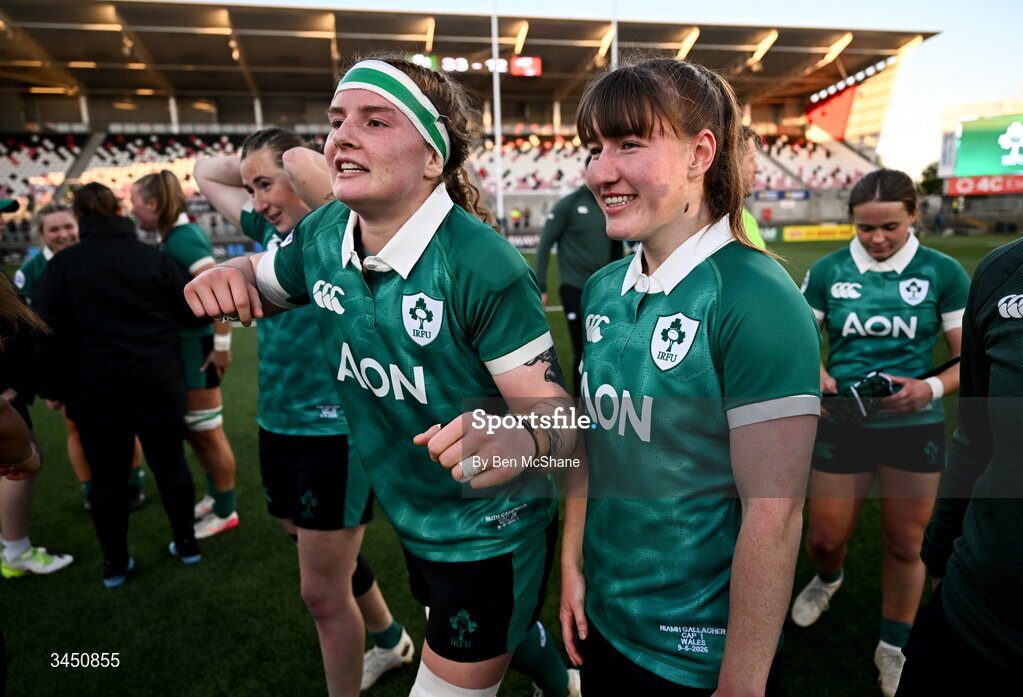 9 May 2026; Niamh Gallagher, right, and Ruth Campbell of Ireland celebrate after the Women's 6 Nations Rugby Championship match between Ireland and Wales at Affidea Stadium in Belfast. Photo by Ben McShane/Sportsfile