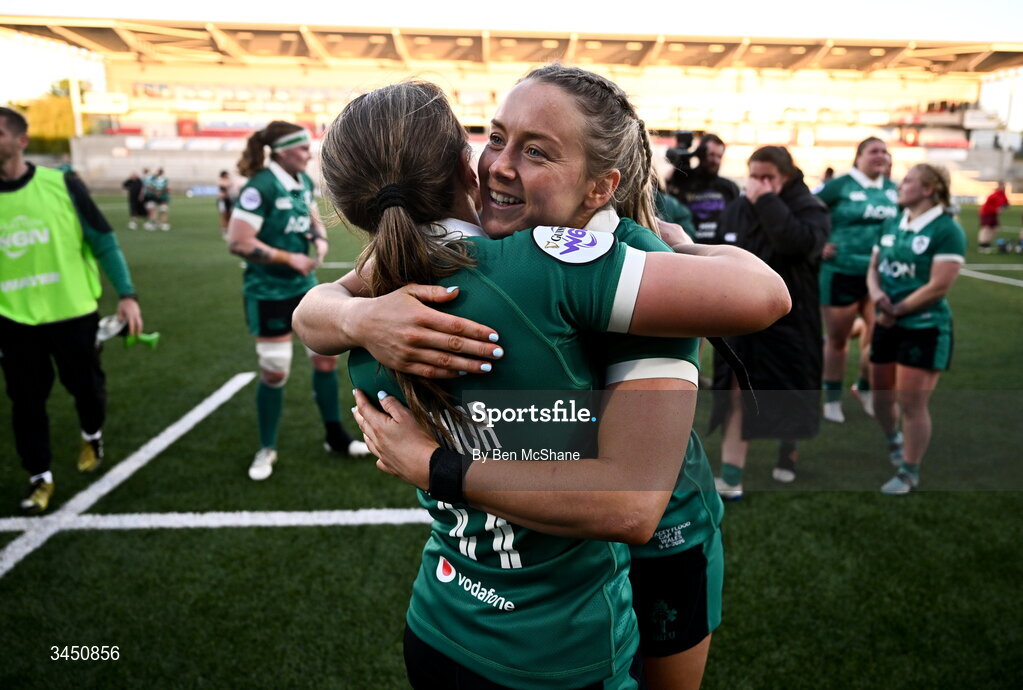 9 May 2026; Robyn O'Connor, left, and Stacey Flood of Ireland celebrate after the Women's 6 Nations Rugby Championship match between Ireland and Wales at Affidea Stadium in Belfast. Photo by Ben McShane/Sportsfile