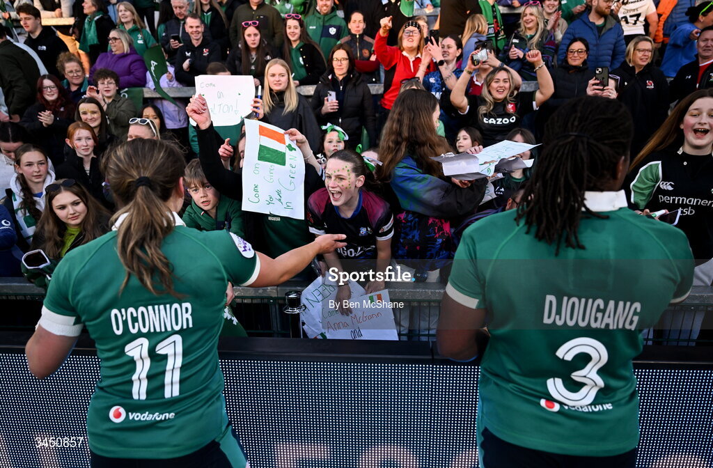 9 May 2026; Robyn O'Connor, left, and Linda Djougang of Ireland with supporters after the Women's 6 Nations Rugby Championship match between Ireland and Wales at Affidea Stadium in Belfast. Photo by Ben McShane/Sportsfile