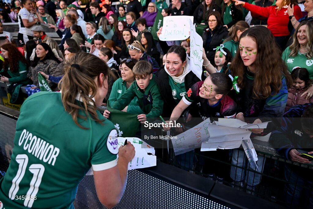 9 May 2026; Robyn O'Connor of Ireland with supporters after the Women's 6 Nations Rugby Championship match between Ireland and Wales at Affidea Stadium in Belfast. Photo by Ben McShane/Sportsfile