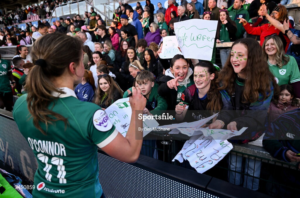 9 May 2026; Robyn O'Connor of Ireland with supporters after the Women's 6 Nations Rugby Championship match between Ireland and Wales at Affidea Stadium in Belfast. Photo by Ben McShane/Sportsfile